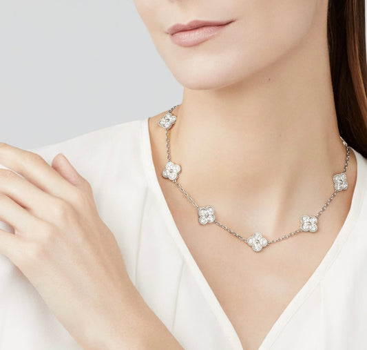 Luxury Crystal Clover Silver Necklace